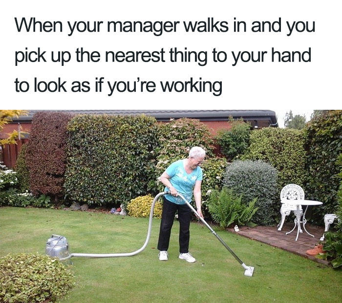 Elderly woman humorously vacuuming the lawn, embodying a funny restaurant meme.