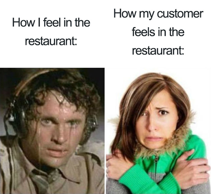 Sweaty man and nervous woman in restaurant meme expressing job stress humor.
