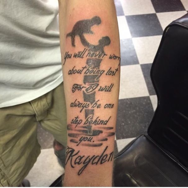 Bad tattoo fail featuring a shadowy figure and text on a forearm.