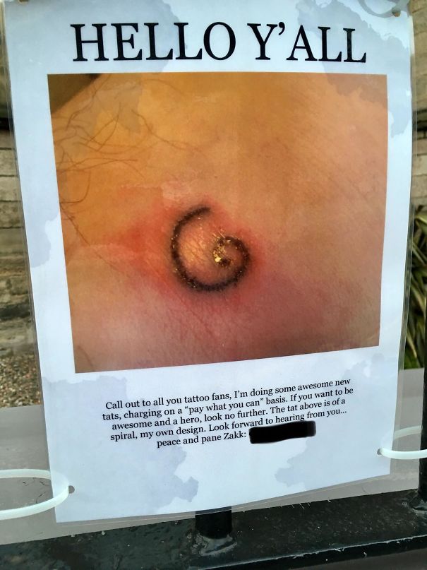 Bad tattoo fail featuring a poorly designed spiral tattoo with an accompanying humorous advertisement.