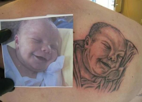 Bad tattoo fail of a baby's face next to the original photo, highlighting the humorous mismatch in the art.