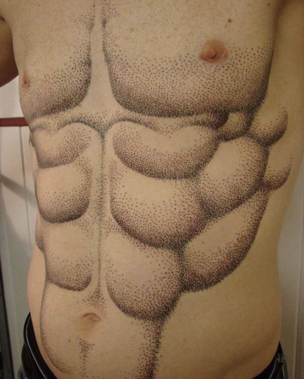 Tattoo fails: a dot-work tattoo attempts to mimic a six-pack on a person's stomach.