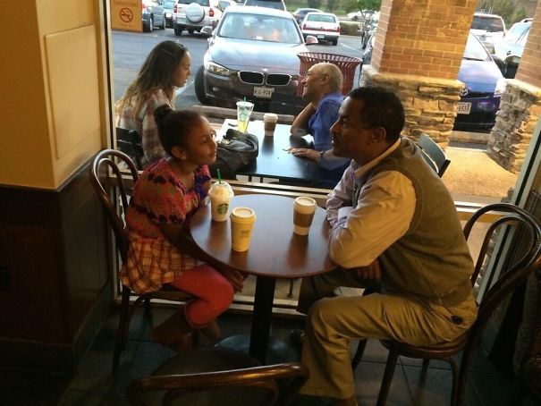 Took A Picture Of A Man And Daughter At A Coffee Shop To Show Them What They Would Look Like In 10 Years