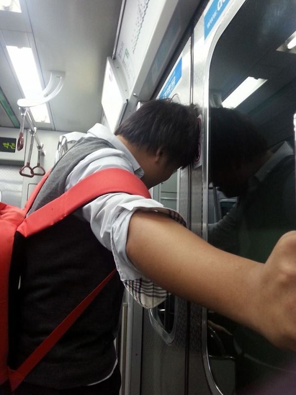 On The Subway Back Home, A Student Was Fooling Around With The Door. He Was Stuck Like This Until The Next Stop. We All Had A Good Laugh