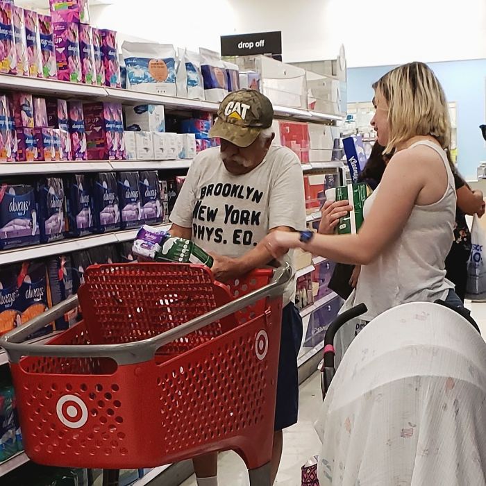 Snuck A Photo Of My Fiance After A Visibly Confused Grandpa Asked Her For Help Choosing Pads For His Granddaughter