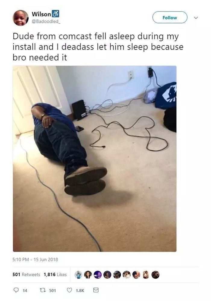 Comcast Customer Lets Installer Sleep While On The Job