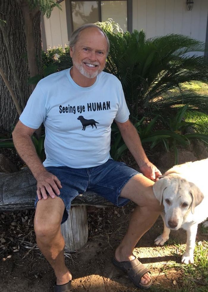 My Dad's Dog Rio Is 14 Years Old And Recently Went Blind. He Pats His Leg When He Walks And She Follows Him Everywhere He Goes. Mom Got Him The Perfect Shirt