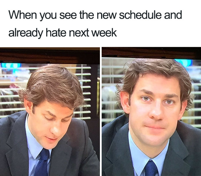 Man in an office setting humorously reacting to a new work schedule, capturing typical restaurant meme humor.