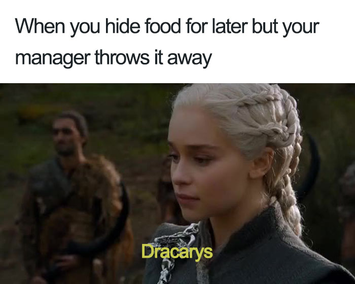 A humorous restaurant meme with a scene parodying frustration over a manager discarding saved food.