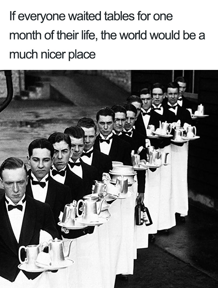 Waiters in a line holding trays in a humorous restaurant meme setting.