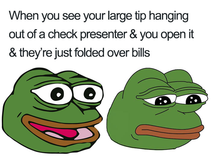 Two Pepe the Frog memes about restaurant tips, with one face smiling and the other disappointed.