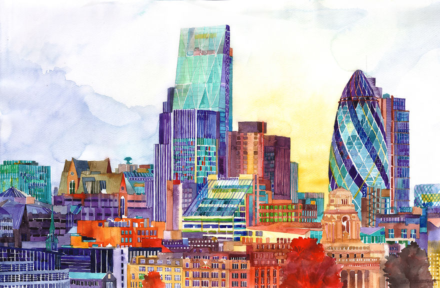 Watercolors Of Modern Cities Painted By Me