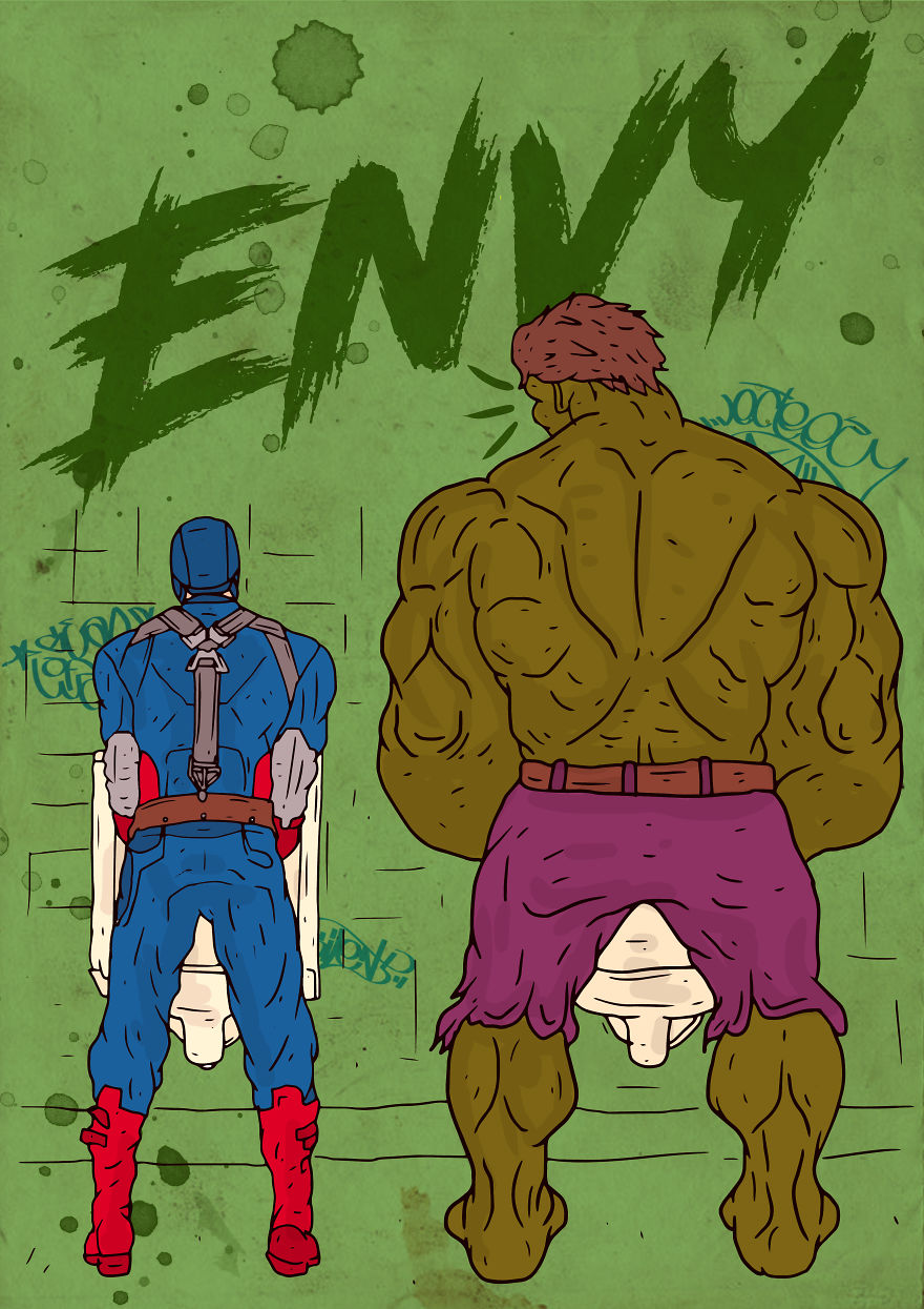 "Hero To Zero" - I Drew These Superheroes As The Deadly 7 Sins...