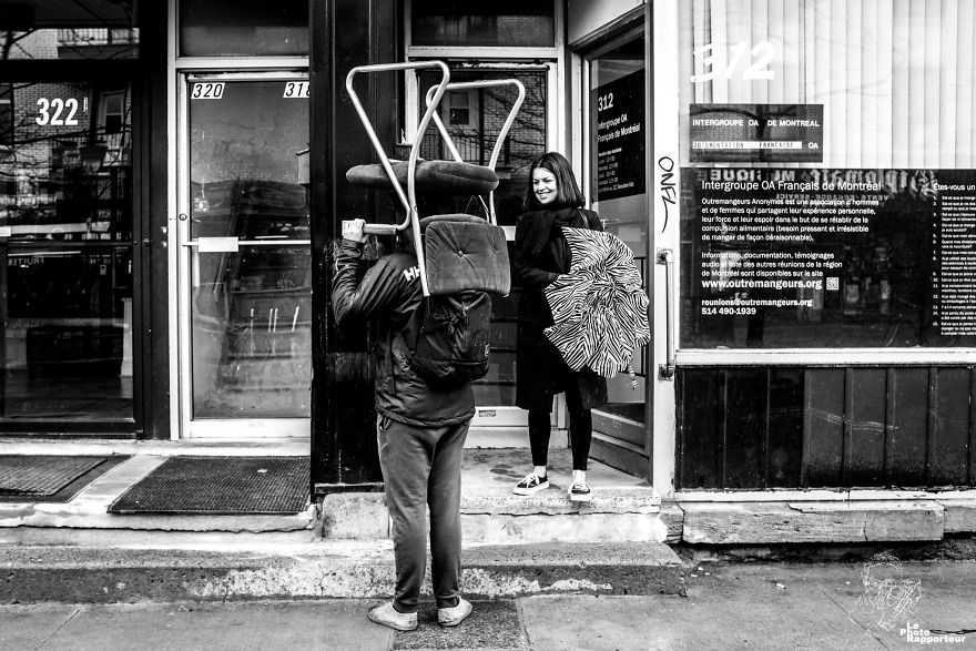 On Sunday, April 29th 2018 At 1:43pm, A Man Without An Umbrella Was Using A Somewhat Vintage Chair To Cover Himself From The Rain. His Friend Seemed To Think It Was Funny