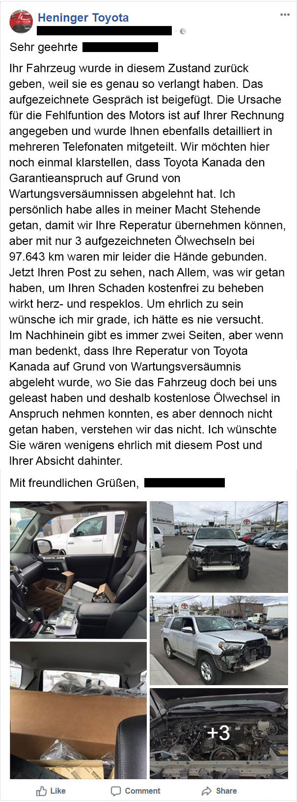Wütende Frau stellt Ihren Toyota Händler, der Ihr $800 in Rechnung gestellt und Ihr Auto zerstört hat, in den sozialen Medien an den Pranger. Doch dann antwortet der Händer und sagt, was wirklich passiert ist Wütende Frau stellt Ihren Toyota Händler, der Ihr $800 in Rechnung gestellt und Ihr Auto zerstört hat, in den sozialen Medien an den Pranger. Doch dann antwortet der Händer und sagt, was wirklich passiert ist