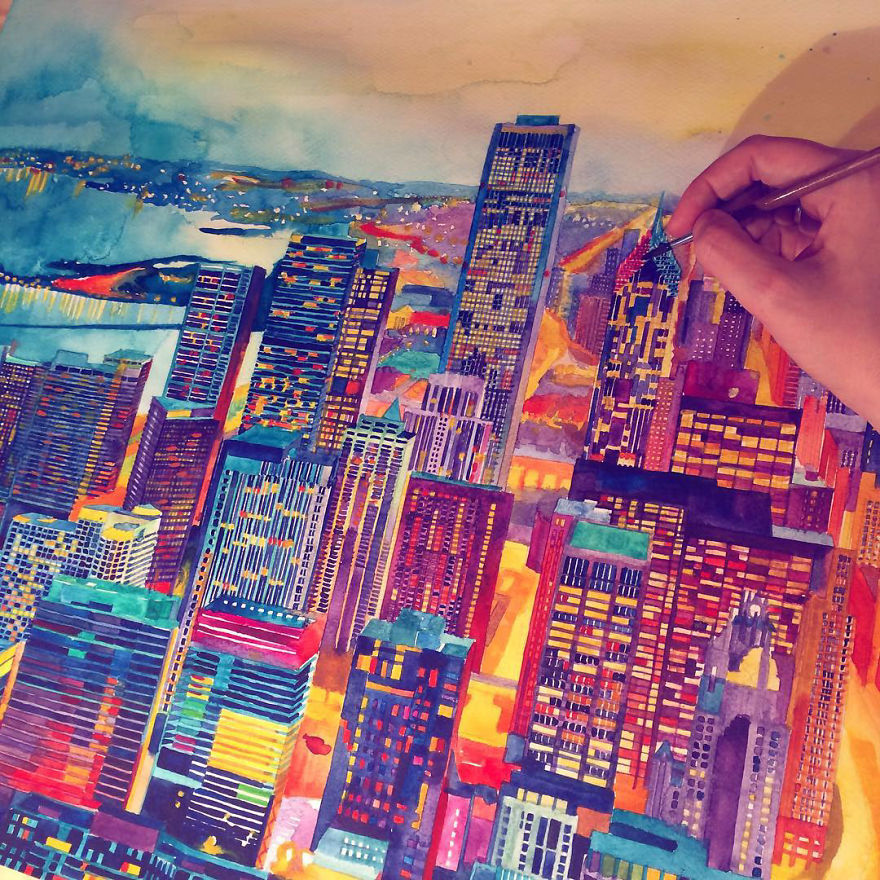 Watercolors Of Modern Cities Painted By Me
