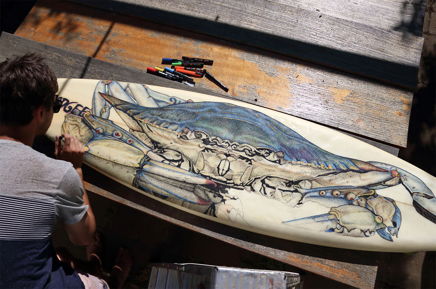 I Re-Purpose Old Surfboards Into Artwork With Detailed Stippling Illustrations Of Surf And Beach-Inspired Themes I Re-Purpose Old Surfboards Into Artwork With Detailed Stippling Illustrations Of Surf And Beach-Inspired Themes