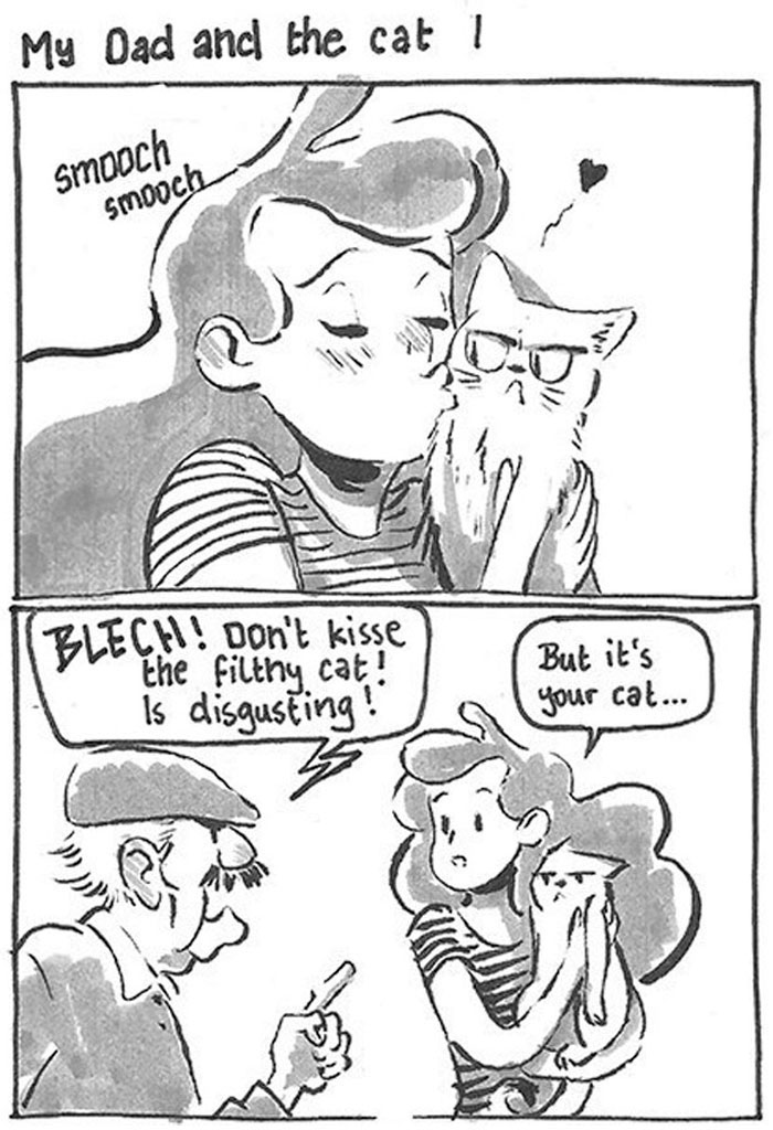 Daughter Hilariously Illustrates Her Dad&rsquo;s Ambivalent Relationship With Their Cat In 8 Honest Comics