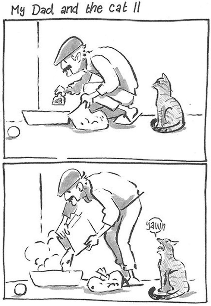 Daughter Hilariously Illustrates Her Dad&rsquo;s Ambivalent Relationship With Their Cat In 8 Honest Comics