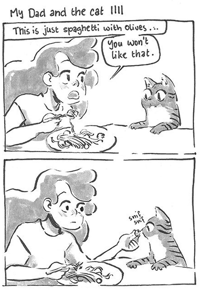 Daughter Hilariously Illustrates Her Dad&rsquo;s Ambivalent Relationship With Their Cat In 8 Honest Comics