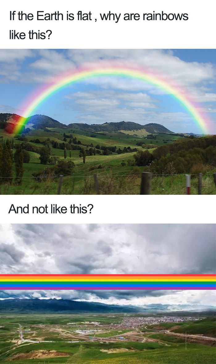 Different shaped rainbow in a valley 