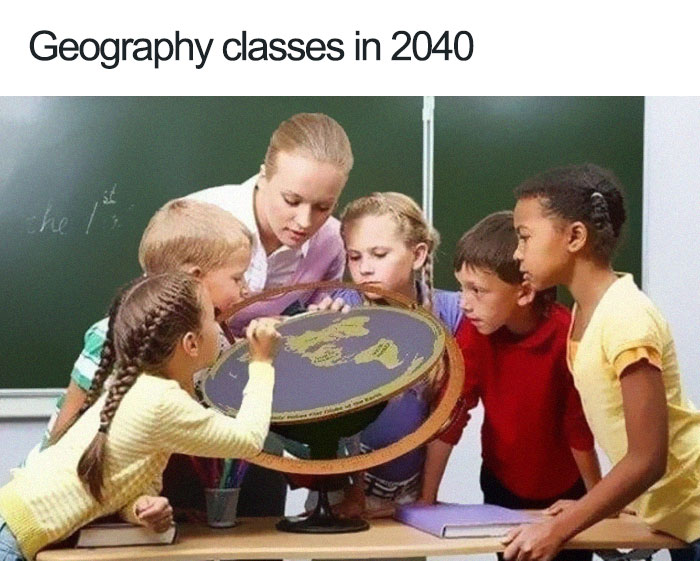 Teacher and students looking at the flat earth globe 
