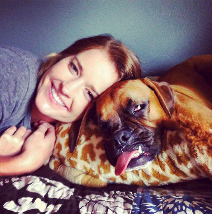 Smiling woman with a funny boxer dog, showcasing the dog's adorable and quirky expression.