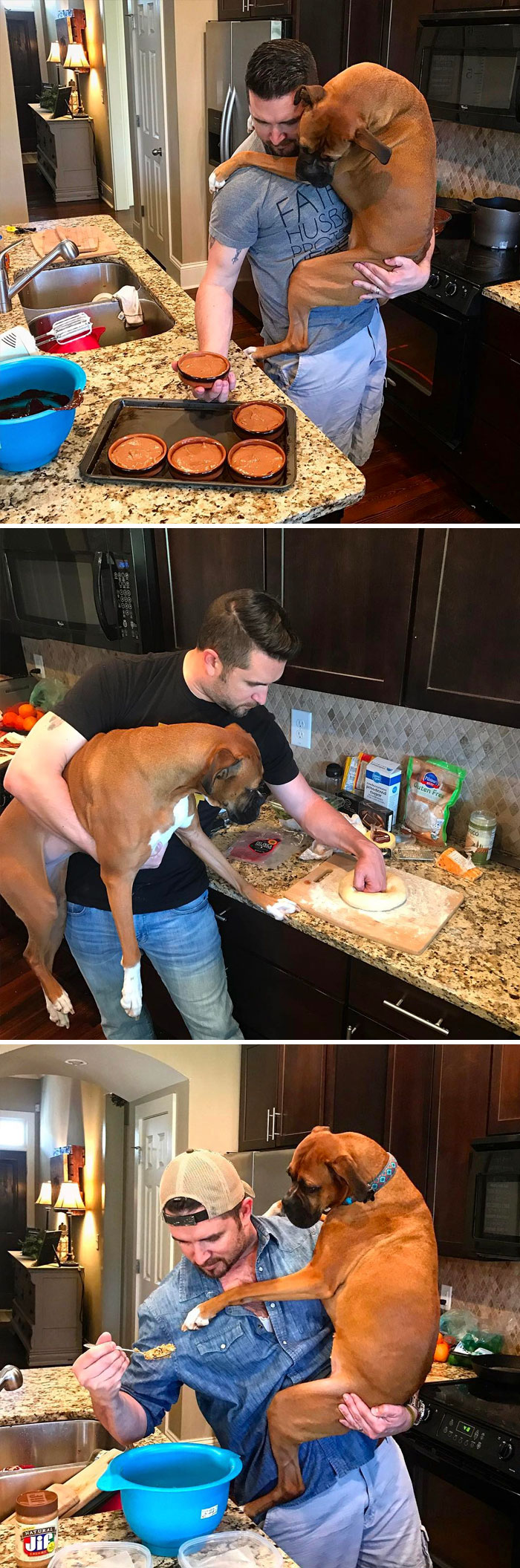 Man holding a boxer dog in the kitchen while baking, showing the dog's funny and adorable behavior.