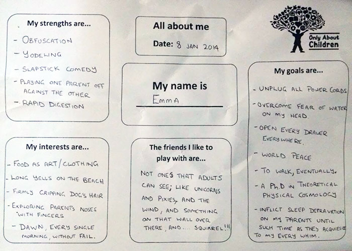 When Daycare, Completely Seriously, Asks My Friend To Answer Stupid Questions On Behalf Of His 11-Month-Old Daughter, It Is Inevitable That Stupid Answers Is What They'll Receive