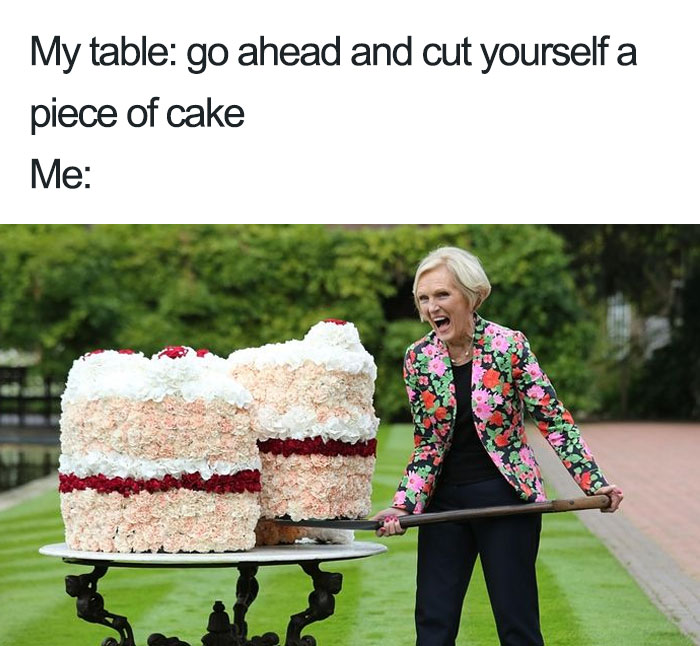 Woman humorously prepares to cut a giant cake slice, highlighting funny restaurant memes.