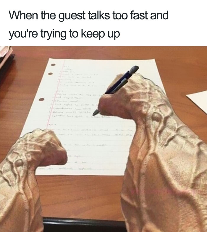 Buff arms frantically taking notes in a restaurant meme.
