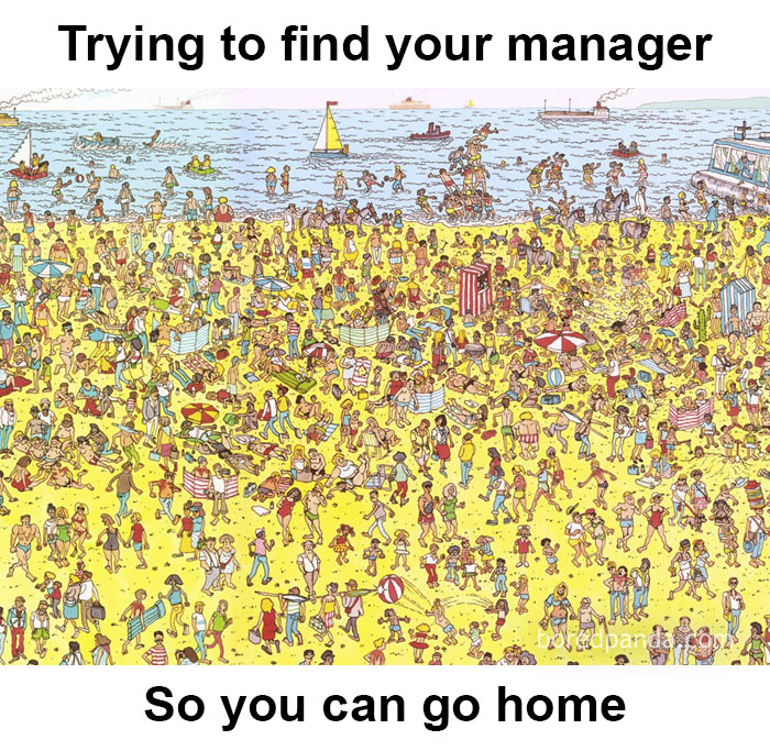 Crowded beach scene meme humorously depicting struggles of finding a manager in a busy restaurant environment.