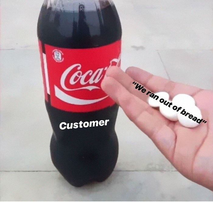 Restaurant memes: A Coke bottle labeled "Customer" next to a hand with mints saying "We ran out of bread."