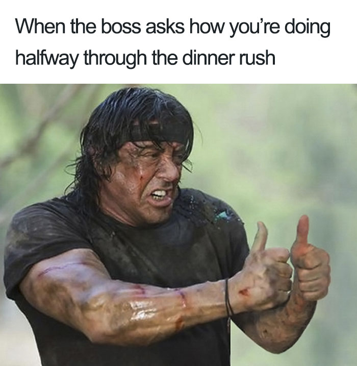Tough-looking man giving thumbs up, captioned about the dinner rush in a restaurant meme.