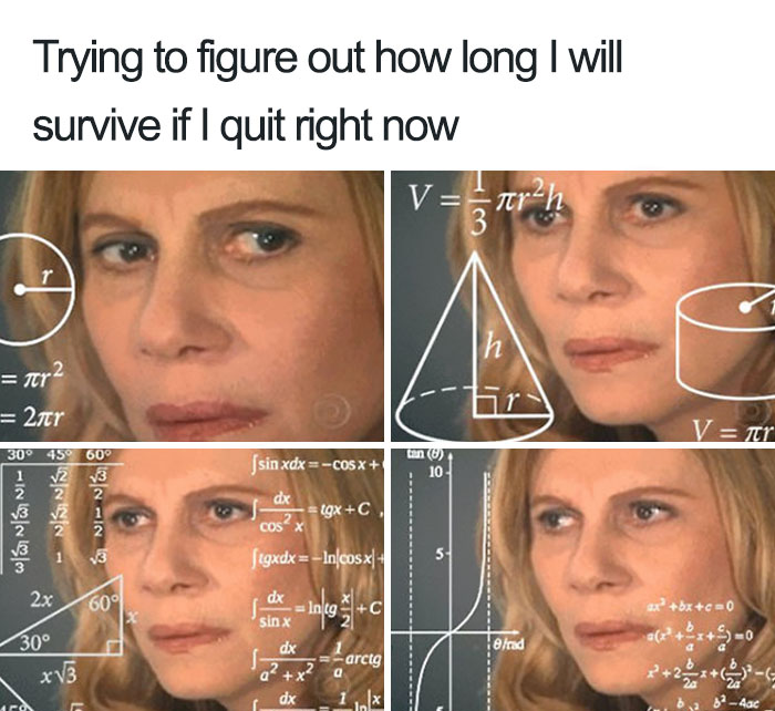 Woman calculating with math equations overlayed, depicting restaurant memes humor.