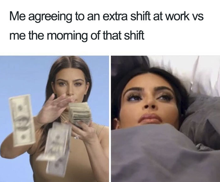 Split image of someone enthusiastically tossing money and lying in bed, illustrating a funny restaurant meme.