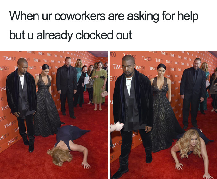 A woman on a red carpet pretending to fall, with onlookers in the background; a relatable restaurant meme.