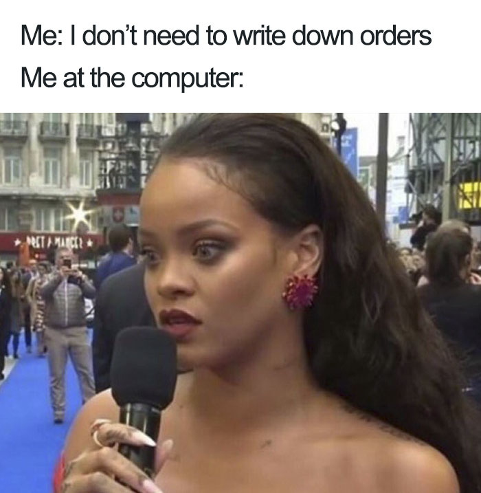 A surprised woman holding a microphone, used in a funny restaurant meme.