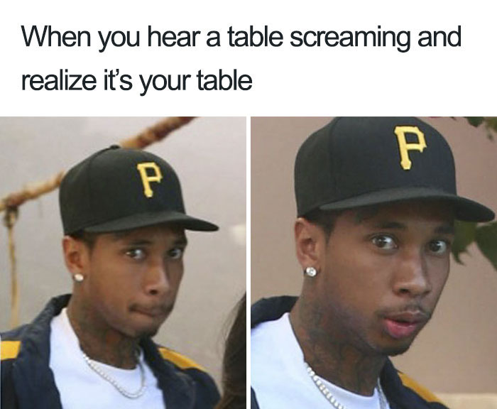 Restaurant meme featuring a surprised expression upon hearing a table scream.