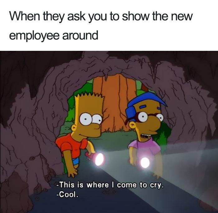 Cartoon characters with flashlights, exploring a cave, creating a funny restaurant meme moment.