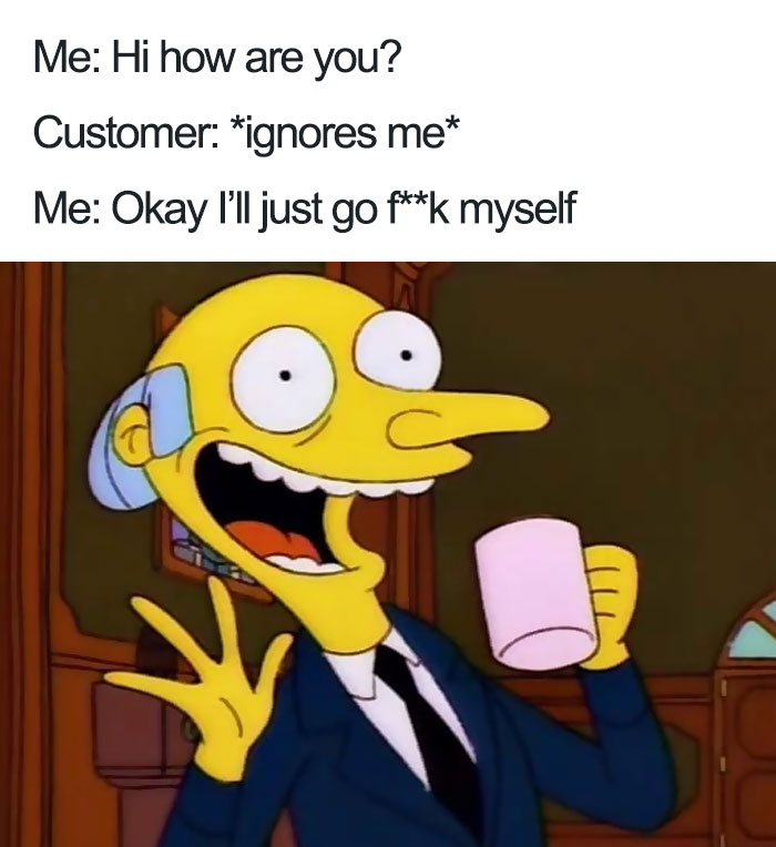 Cartoon character holding a mug with funny restaurant meme text above.