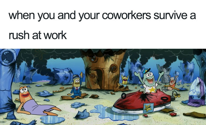 Cartoon fish celebrating after surviving a chaotic restaurant work shift, capturing the humor of restaurant memes.