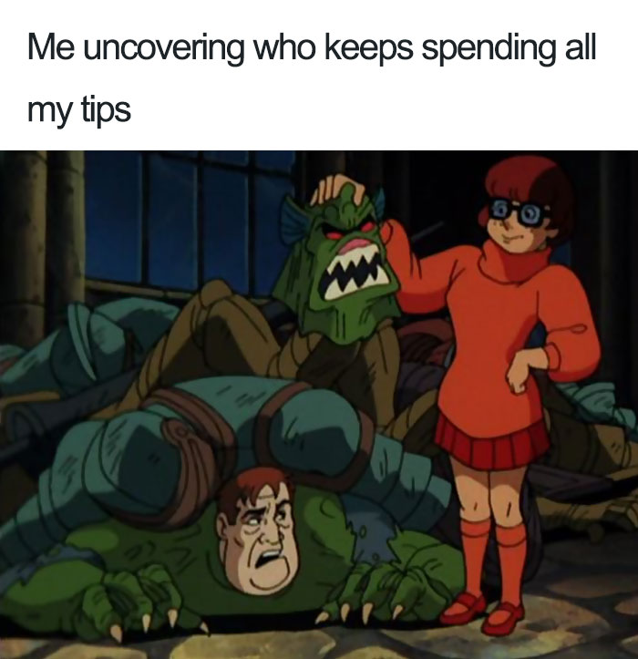 Scooby-Doo character revealing a person in a monster costume, with humorous restaurant meme text above.