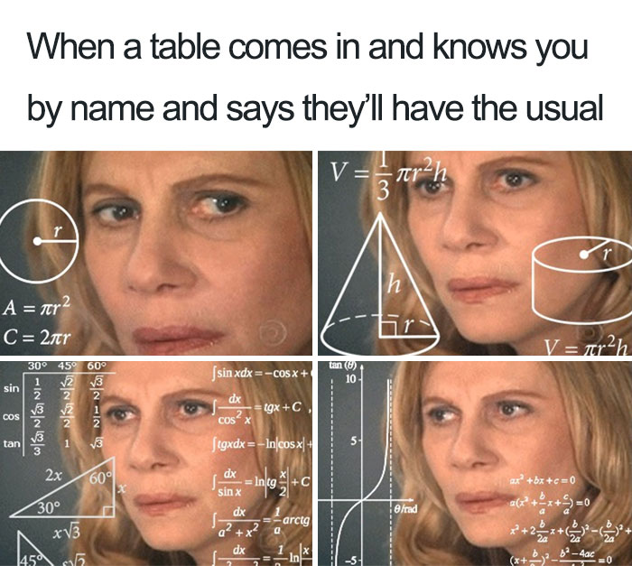 Confused woman surrounded by math equations, illustrating challenges faced by restaurant staff with regular customers.
