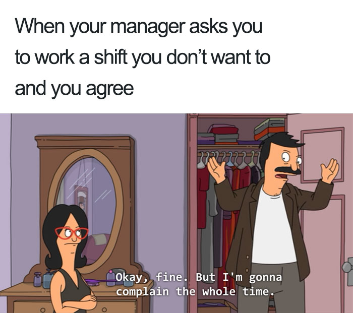 Cartoon characters in a bedroom having a humorous conversation about working a shift.