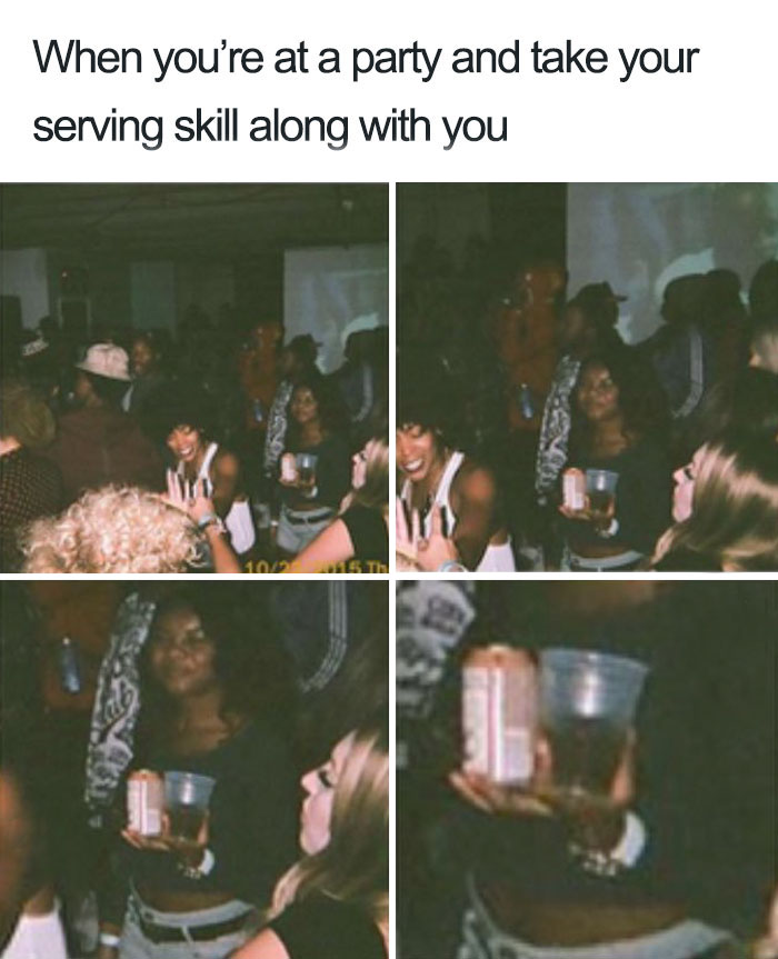 Party scene with person holding a drink tray, humorously showcasing restaurant skills.