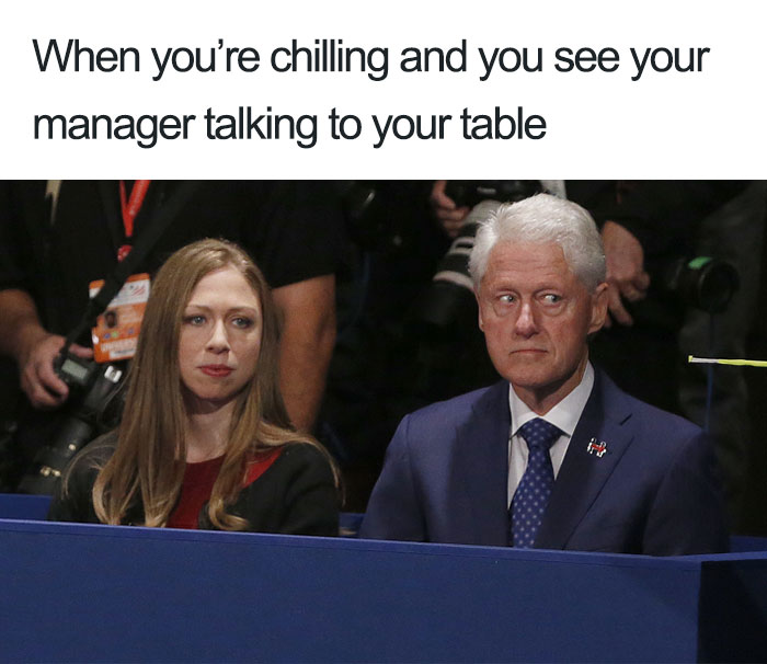 Two people looking surprised in a humorous restaurant meme.