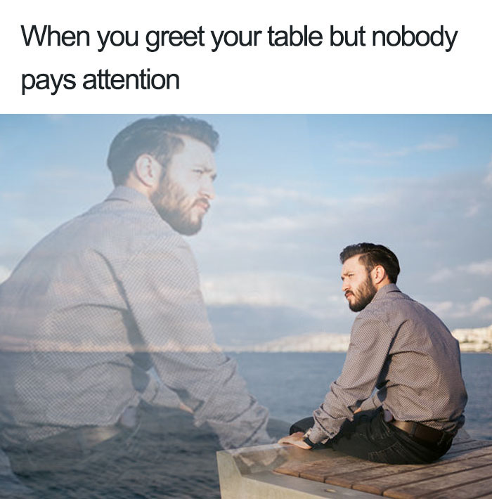 Man sitting by water looking pensive, overlay of same man thinking, text about restaurant job frustration.