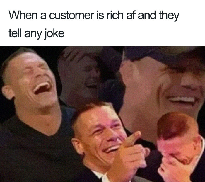Laughing faces meme with text about a wealthy customer's jokes, highlighting hilarious restaurant moments.