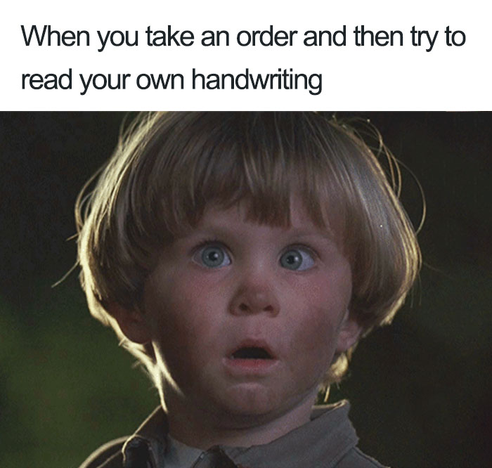 Young child with a shocked expression, capturing a humorous moment related to restaurant jobs and challenges.